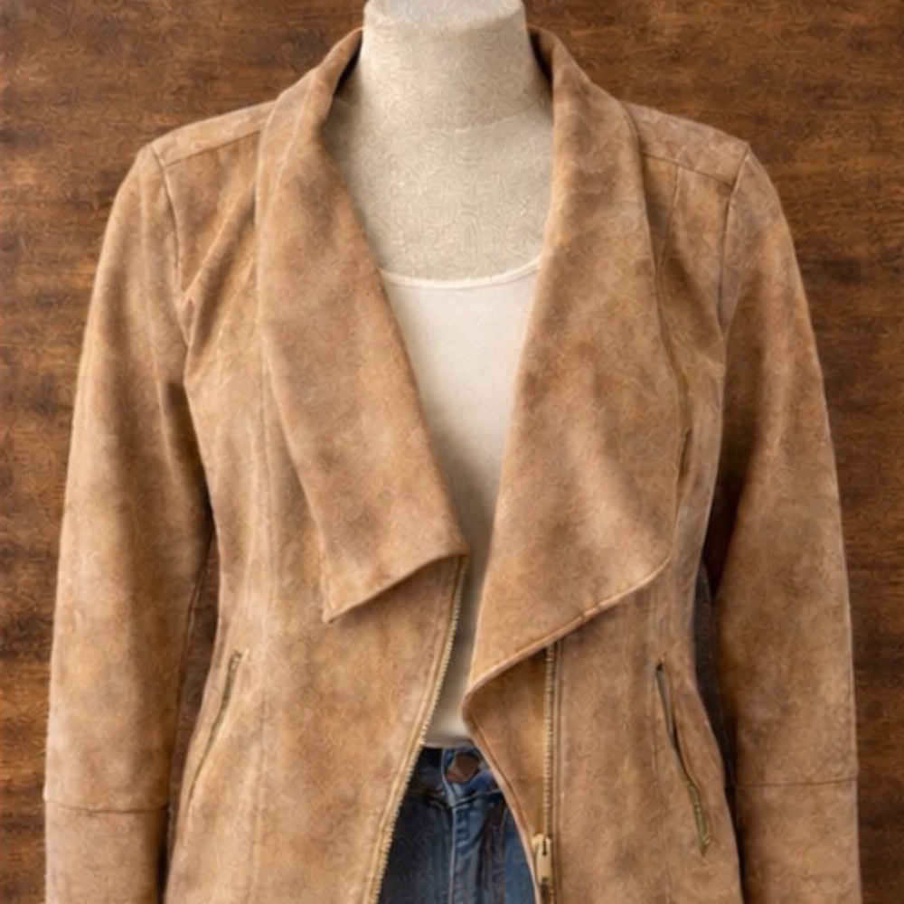 a.n.a Faux Suede Drape Open Front Jacket Tan Stretch Soft Size M